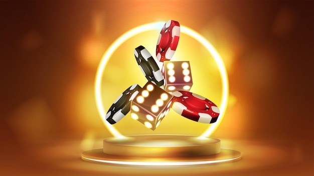 Dados 3D dorados con pila de juego realista roja y negra de fichas de casino en podio dorado con anillo de neón amarillo en ilustración vectorial realista 3d de fondo