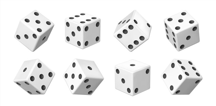Vector dados 3d realistas casino blanco y elemento de apuestas vista desde diferentes lados en cubo blanco con puntos negros juego de dados lanzados equipo de juegos de mesa vectorial con combinaciones de puntos