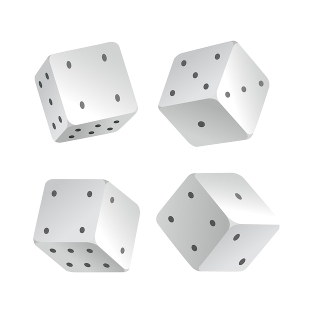 Dados: cubos blancos realistas con números aleatorios de puntos negros o pepitas y bordes redondeados. Cubos de juego de vector aislados. Objetos 3d aislados para pasatiempos.