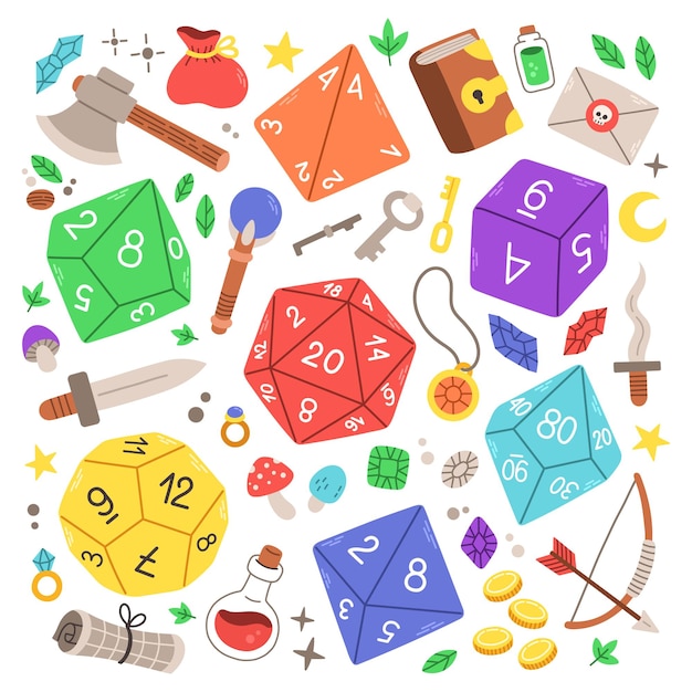 Dados D4 D6 D8 D10 D12 y D20 para juegos de mesa, juego de dados dnd. Dados RPG para juegos de mesa. Vector