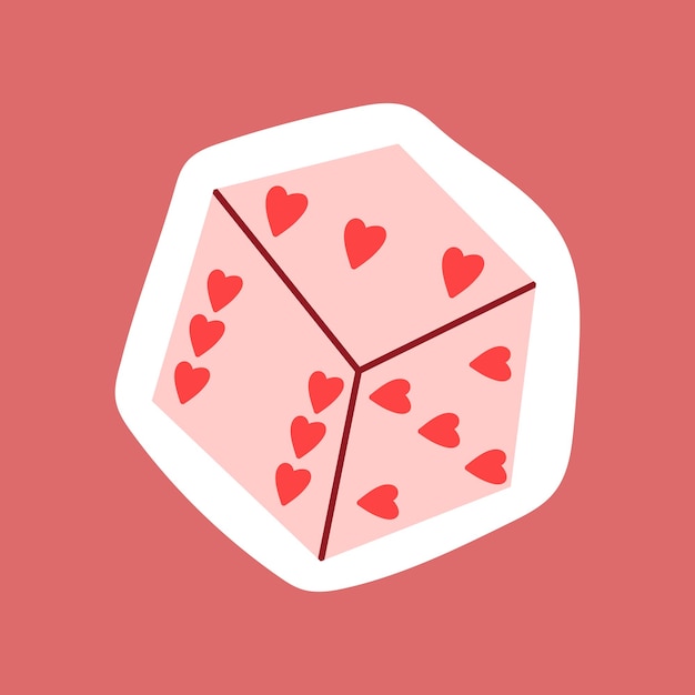 Dados dibujados a mano con corazones pegatina vectorial aislada para el Día de San Valentín en rosa