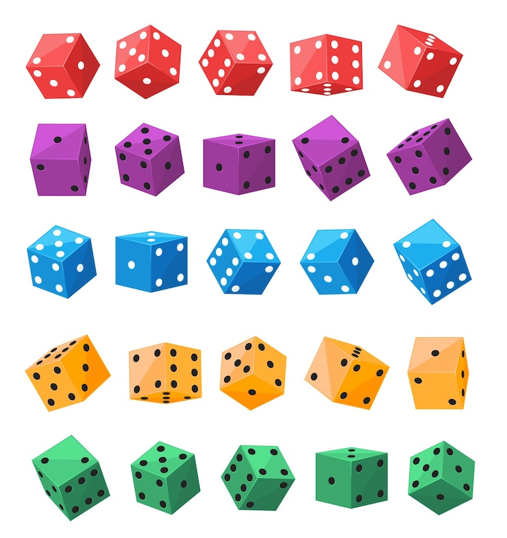 Vector dados de juego de colores cubos de póquer de casino 3d en diferentes posiciones caras de dados con números de puntos negros piezas de juego de mesa de plástico jugadores lanzando huesos para apuestas conjunto vectorial de juego
