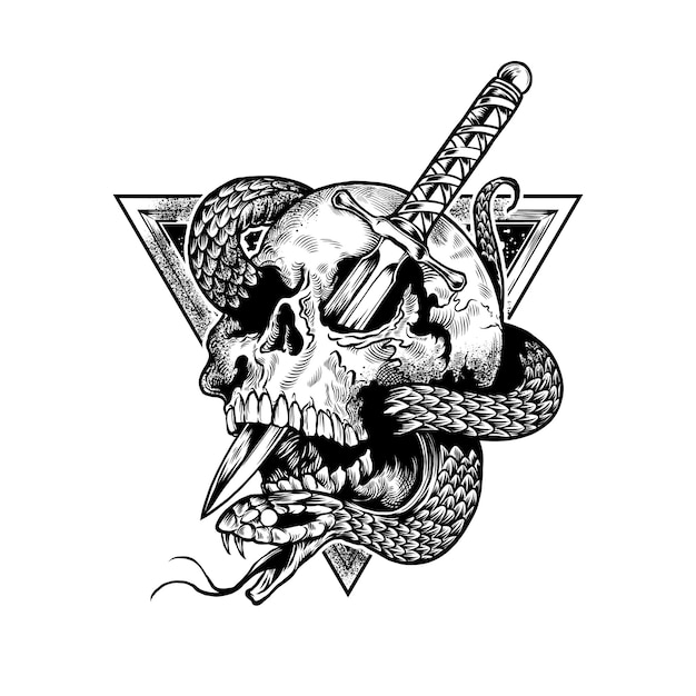 La daga del cráneo de la muerte y la serpiente Ilustración vectorial dibujada a mano 2