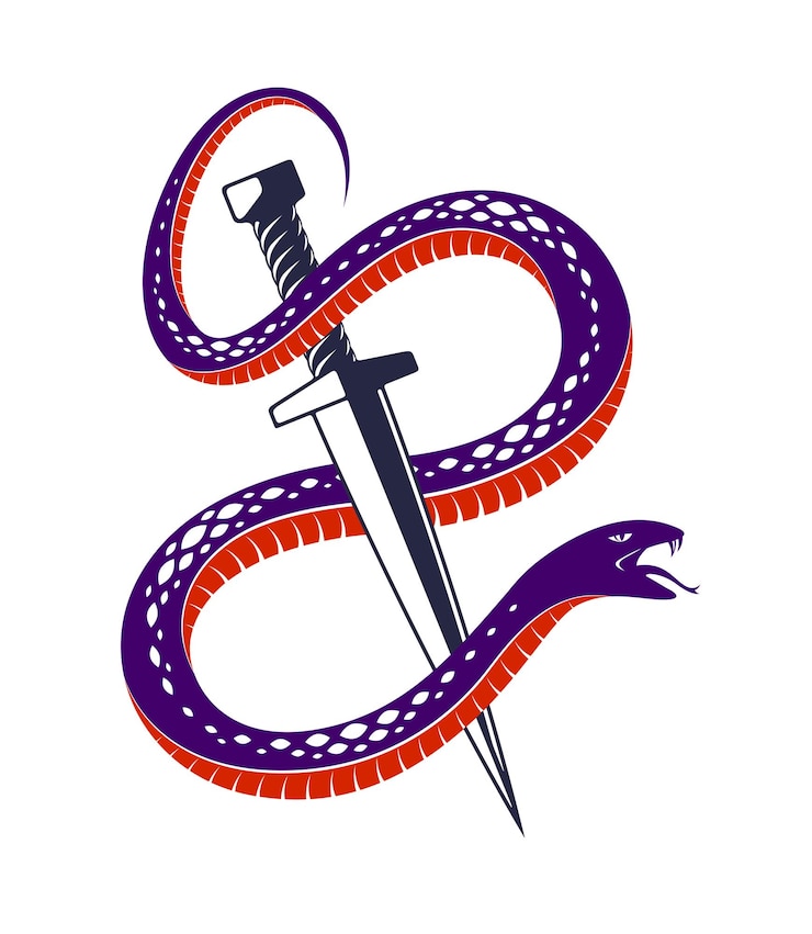 Vector la daga mata a una serpiente, la serpiente derrotada se envuelve alrededor de un tatuaje vintage de vector de espada, la vida es un concepto de lucha, logotipo alegórico o emblema de símbolo antiguo.