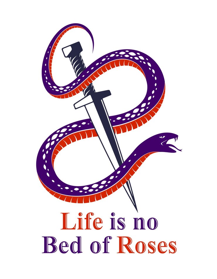 Vector la daga mata a una serpiente, la serpiente derrotada se envuelve alrededor de un tatuaje vintage de vector de espada, la vida es un concepto de lucha, la vida no es un lecho de rosas, logotipo alegórico o emblema de símbolo antiguo.