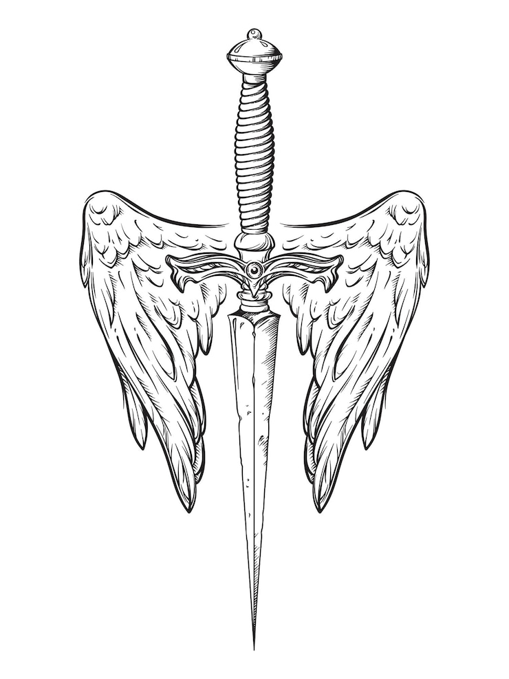 Vector daga ritual con alas de ángel aisladas sobre fondo blanco ilustración vectorial dibujada a mano