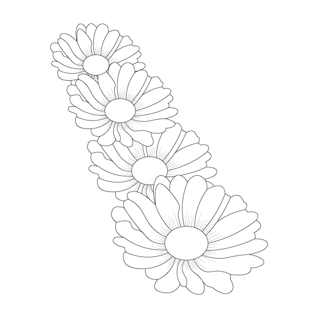 Daisy Flower Line Art Flower Página para colorear con elemento Botánico Vector Ilustración