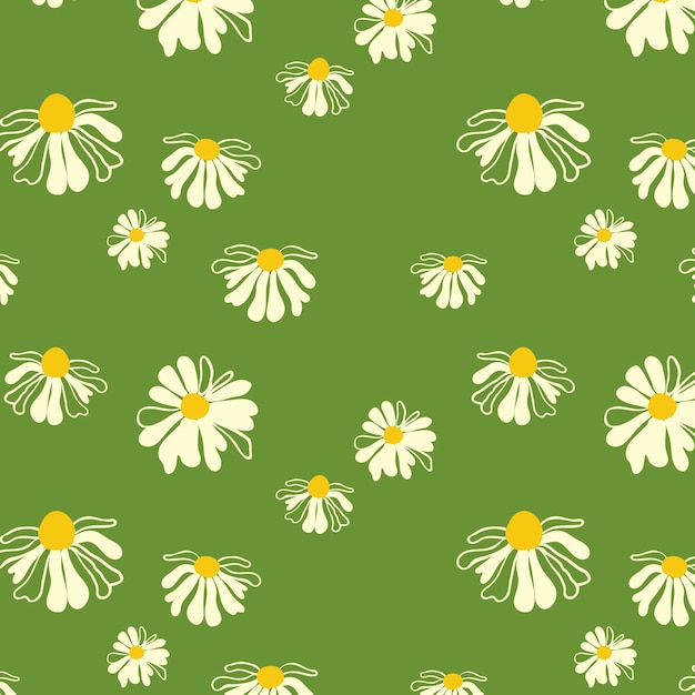 Daisy de verano Fondo verde patrón sin costuras primavera florecimiento de flores silvestres follaje adorno envoltura tela papel tapiz textil mosaico