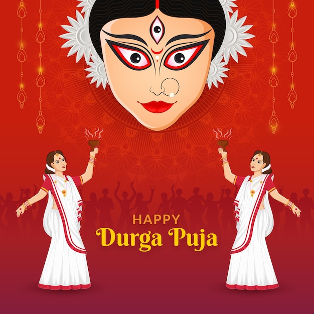 Dama bengalí bailando en Durga Puja Shubh Navratri festival Happy Dussehra y Durga Puja