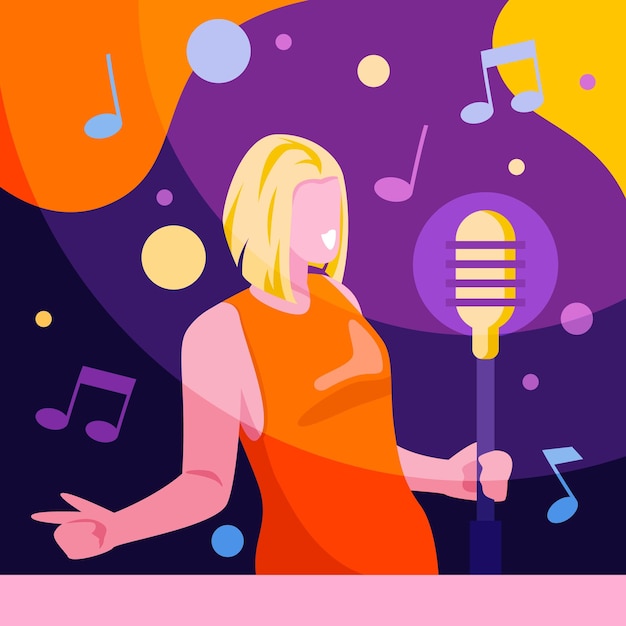Dama cantando una canción en el micrófono en una fiesta El cantante actúa en el escenario