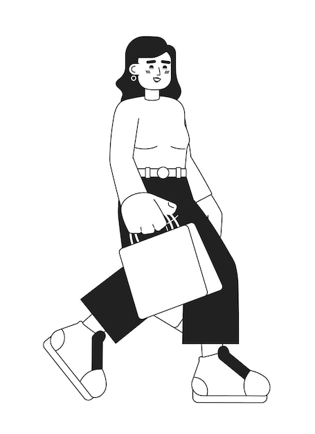 Dama caucásica con bolsas de compras personaje vectorial plano monocromático Shopaholism Comprar cosas Línea delgada editable persona de cuerpo completo en blanco Imagen de punto de dibujos animados simple bw para diseño gráfico web