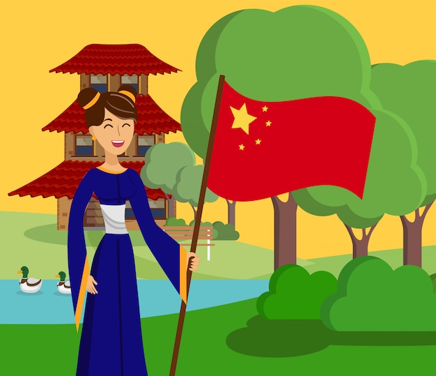 Dama china en el parque vector ilustración en color