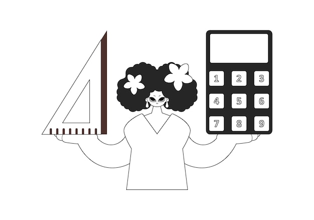 Dama enérgica con calculadora y regla Punto de aprendizaje Artesanía de línea blanca y oscura Ilustración vectorial de estilo de moda