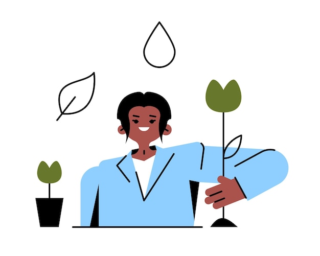 Dama estadounidense con flores apoyando el medio ambiente Ayuda de una organización de ayuda humanitaria Concepto de salvar la naturaleza Ilustración plana vectorial en colores azul y verde