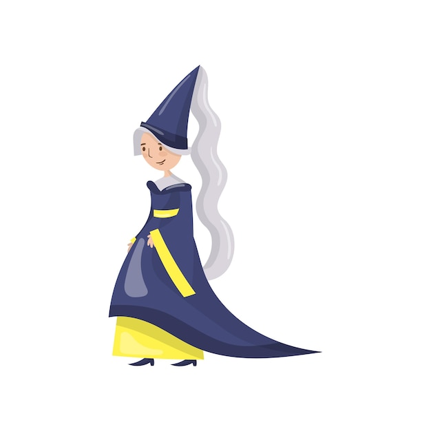 Dama de honor de la reina en un vestido azul y sombrero puntiagudo cuento de hadas o vector de dibujos animados de carácter medieval ilustración sobre un fondo blanco