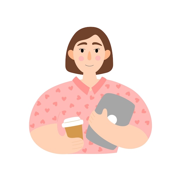Dama con laptop y café Personaje de mujer de negocios Ilustración en un estilo plano