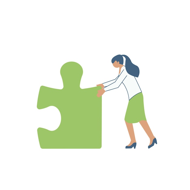 Dama de traje sosteniendo una pieza del rompecabezas que simboliza el pensamiento innovador global logrando el trabajo en equipo Mujer que lleva un rompecabezas muestra un pensamiento creativo exitoso