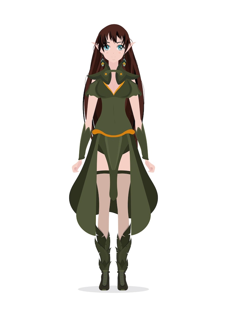 Vector dama en un traje verde con un bastón de madera en sus manos chica anime aislada vector de estilo de dibujos animados