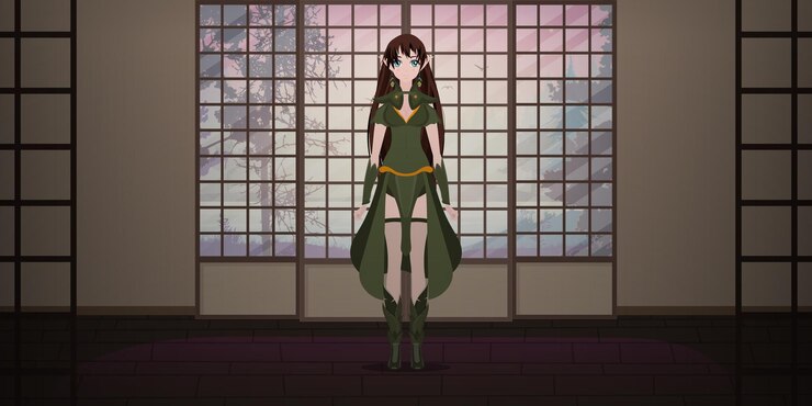 Vector dama en un traje verde con un bastón de madera en sus manos chica anime vector de estilo de dibujos animados
