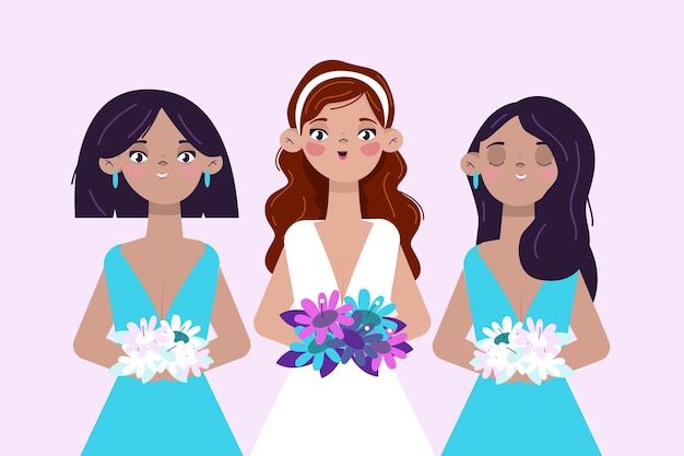 Vector damas de honor planas en lindos vestidos