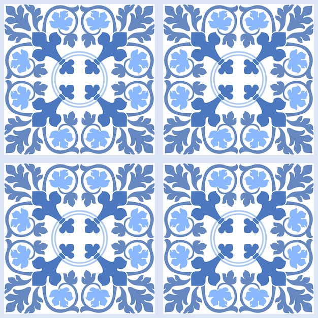 Damasco azul y blanco floral sin fisuras de fondo.