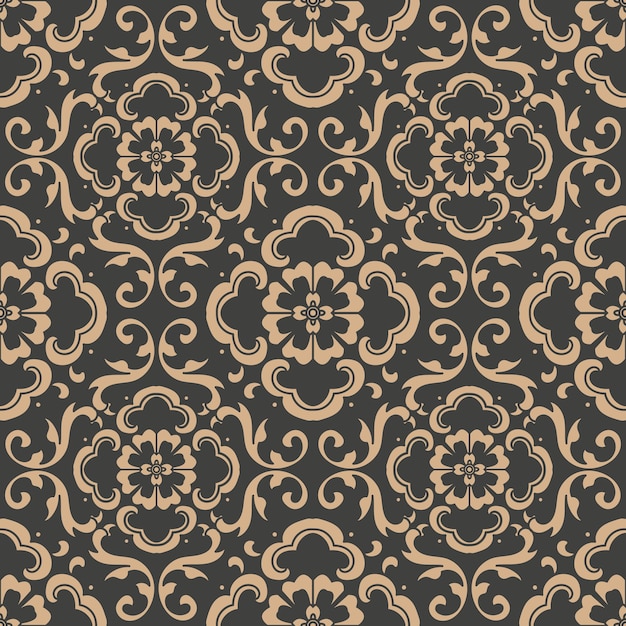 Damasco sin fisuras patrón retro fondo espiral curva cruz oriental marco cadena vid flor.