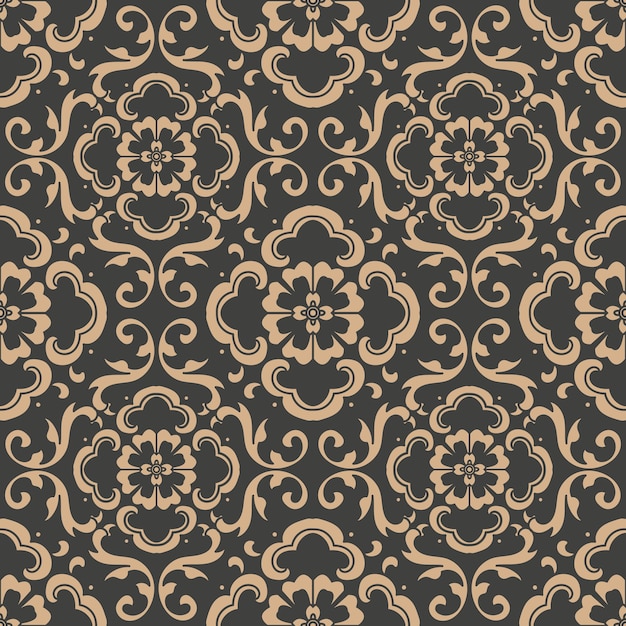 Damasco sin fisuras patrón retro fondo espiral curva cruz oriental marco cadena vid flor.