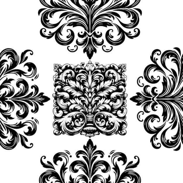 Damasco Tejido textil patrón sin costuras Decorativo de lujo Divisor floral ornamental Línea negra