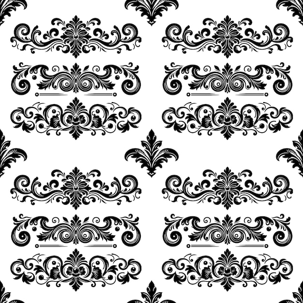 Damasco Tejido textil patrón sin costuras Decorativo de lujo Divisor floral ornamental Línea negra