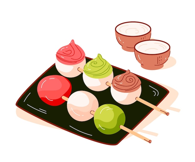 Dango, albóndigas de arroz japonesas. Postre japonés para el nuevo año. ilustración vectorial