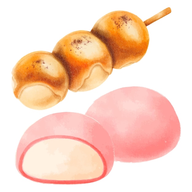 Dango y Mochi. Comida japonesa acuarela elementos pintados a mano ilustraciones