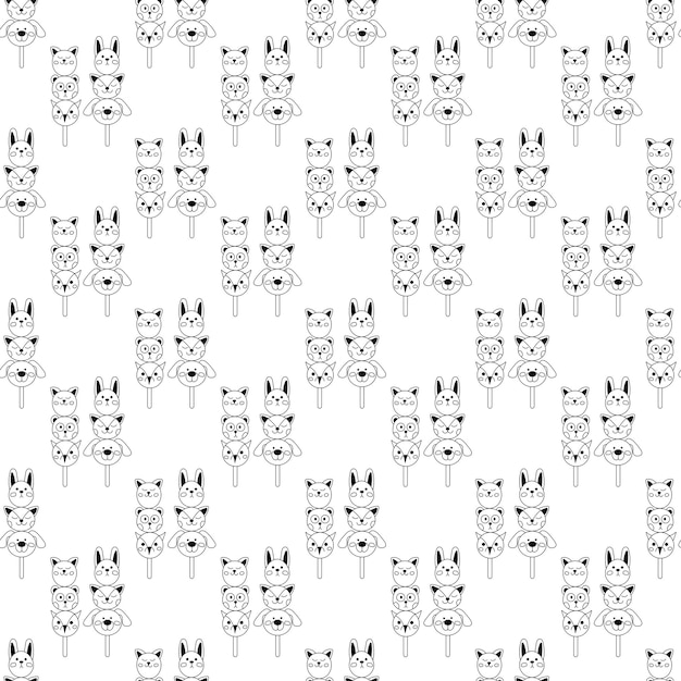 Dango pattern15 Lindo patrón sin costuras con dulce japonés en forma de caras de animales Doodle ilustración de dibujos animados en blanco y negro