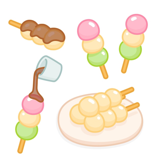 Dango postre dulces japón kawaii garabato plano vector ilustración icono