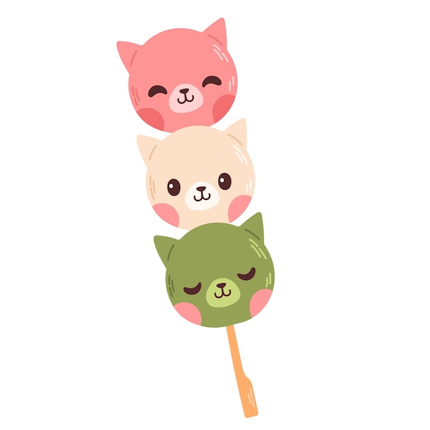 Dango Postre japonés en forma de gato aislado en blanco. Postre Hanami Dango con 3 colores