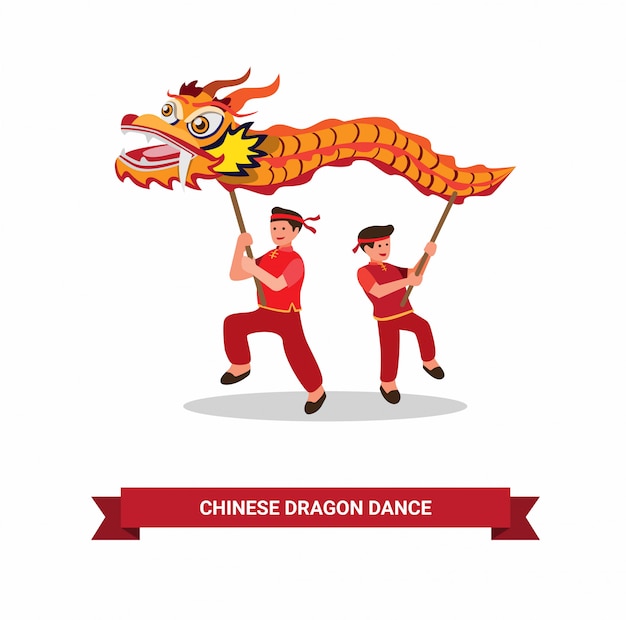 Danza del dragón, artista de danza tradicional china para celebrar el año nuevo chino con fondo blanco en símbolo de ilustración plana