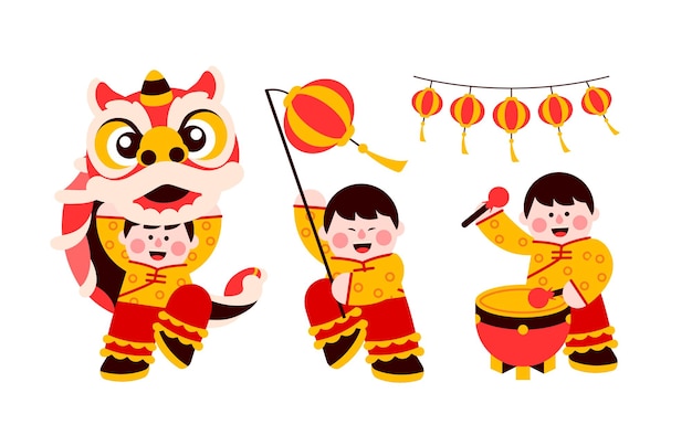 Danza del león chino Año nuevo chino elemento de diseño plano Ilustración de vector de dibujos animados año del dragón