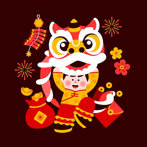 Danza del león chino Año nuevo chino elemento de diseño plano Ilustración de vector de dibujos animados año del dragón