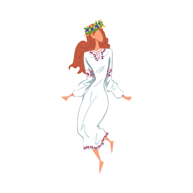 Vector danza ritual pagana bella niña eslava bailando con vestido blanco tradicional y corona de flores ilustración vectorial de estilo de dibujos animados