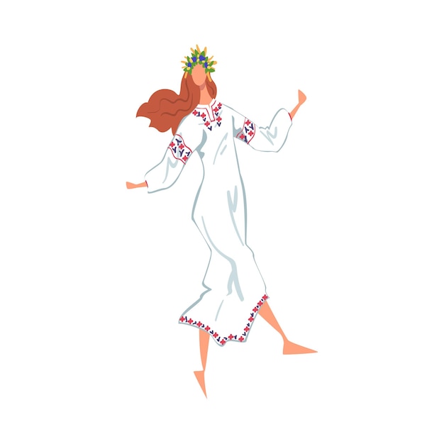 Vector danza ritual pagana hermosa niña eslava realizando danza popular con vestido tradicional blanco y corona de flores ilustración vectorial de estilo de dibujos animados