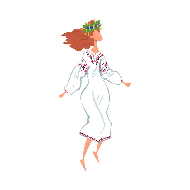 Danza ritual pagana Niña eslava realizando danza folclórica con vestido tradicional y corona de flores Ilustración vectorial de estilo de dibujos animados