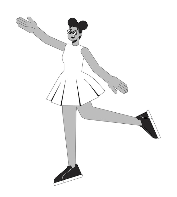 Danzando chica afroamericana línea plana blanco negro personaje vectorial dama arrojando las manos contorno editable cuerpo completo persona dibujo animado simple ilustración de punto aislado para diseño gráfico web