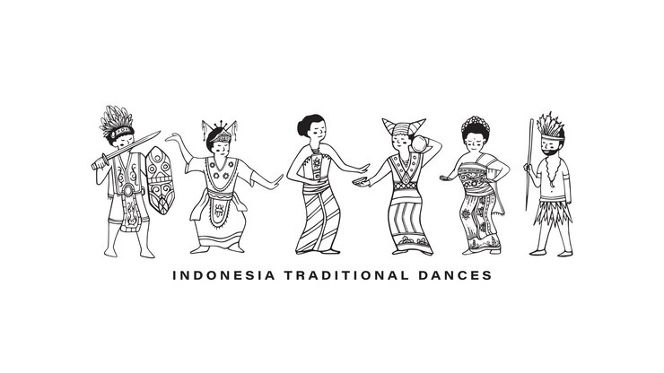 Vector danzas tradicionales de indonesia vector con dibujo de línea de arte diseño de concepto de doodle
