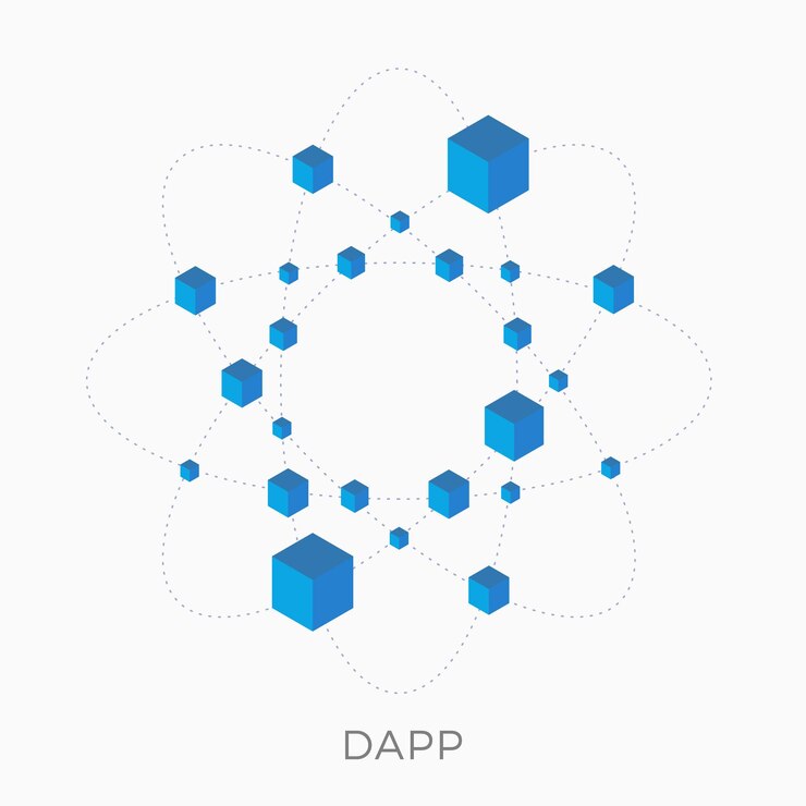 Vector dapps de aplicaciones descentralizadas en concepto de icono de diseño plano isométrico de tecnología blockchain