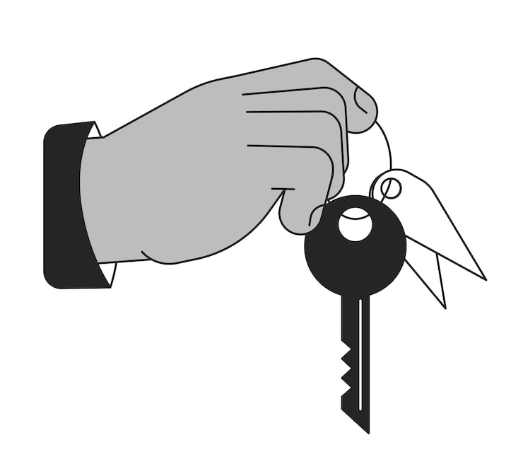 Vector dar clave línea plana ilustración de punto vectorial entregando llave de casa 2d dibujos animados línea plana mano monocromática para diseño de interfaz de usuario web conserje agente inmobiliario mano editable contorno aislado imagen de héroe
