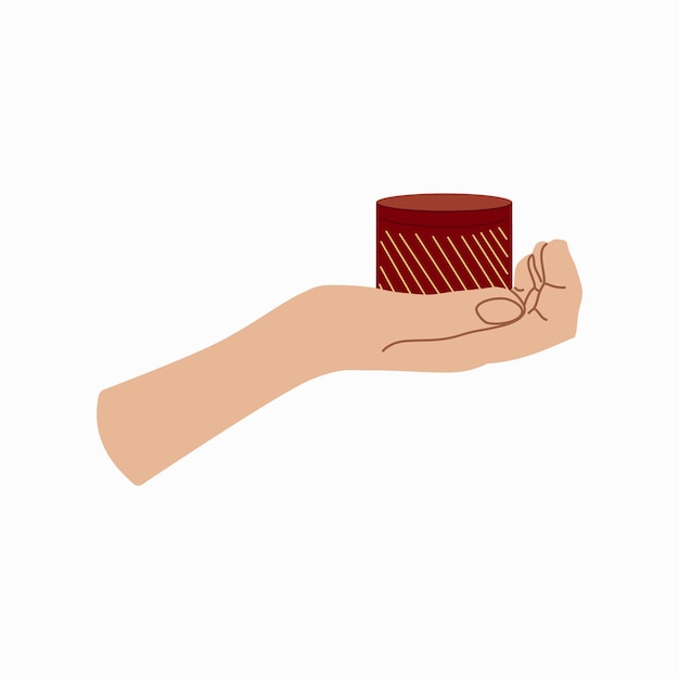 Dar un regalo mano con caja de regalo Diseño para la web de banners Hay una pequeña caja de regalos roja en su mano