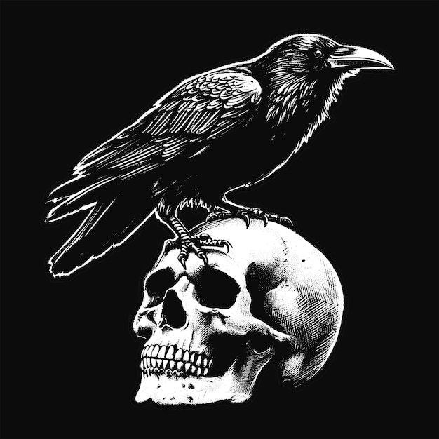 Vector dark art crows raven bird con skull and bones grunge ilustración de estilo vintage de la vieja escuela para merch