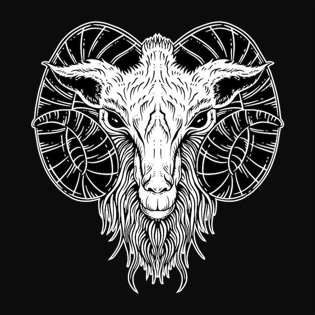 Dark art goat head cuernos oveja satánica negro blanco para tatuajes e ilustración de ropa