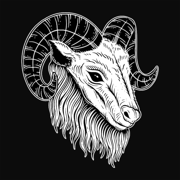 Dark Art Goat Head cuernos Oveja satánica negro blanco para tatuajes e ilustración de ropa