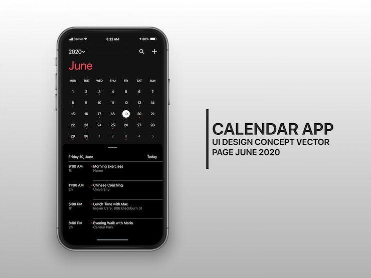 Vector dark mode calendar app ui ux concept page junio