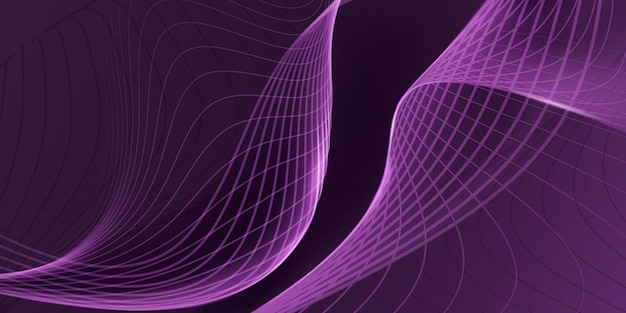 Dark purple background with wavy curved lines and grid patterns creating a dynamic abstract visual effect